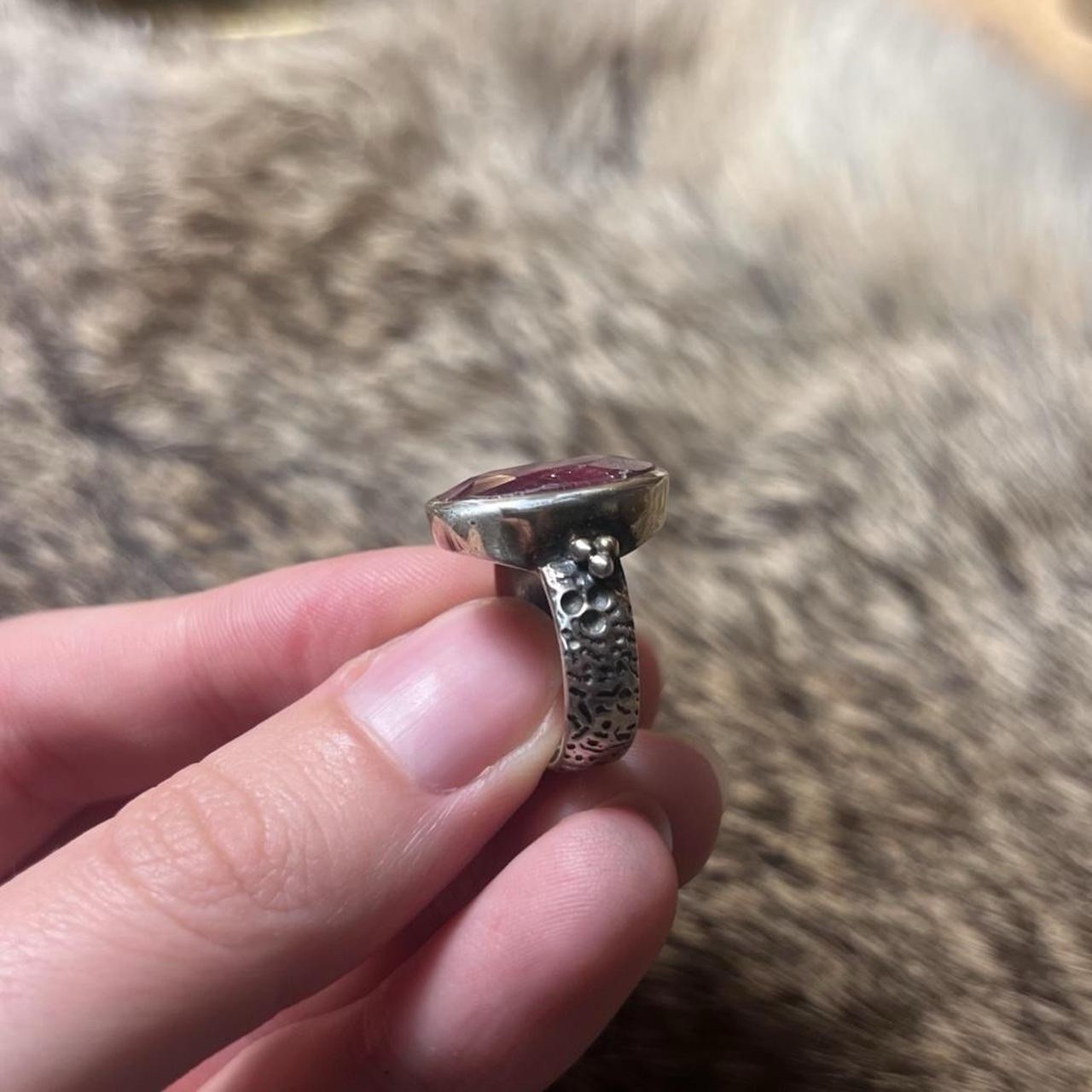 Brutalist artisan made ruby flower ring Sterling … - image 4