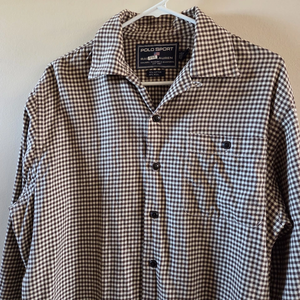 Camisa Polo Deportiva Ralph Lauren De Colección Mezcla de Lana Para Hombres Mediana Marrón Franela a Cuadros Foto 2 de 4