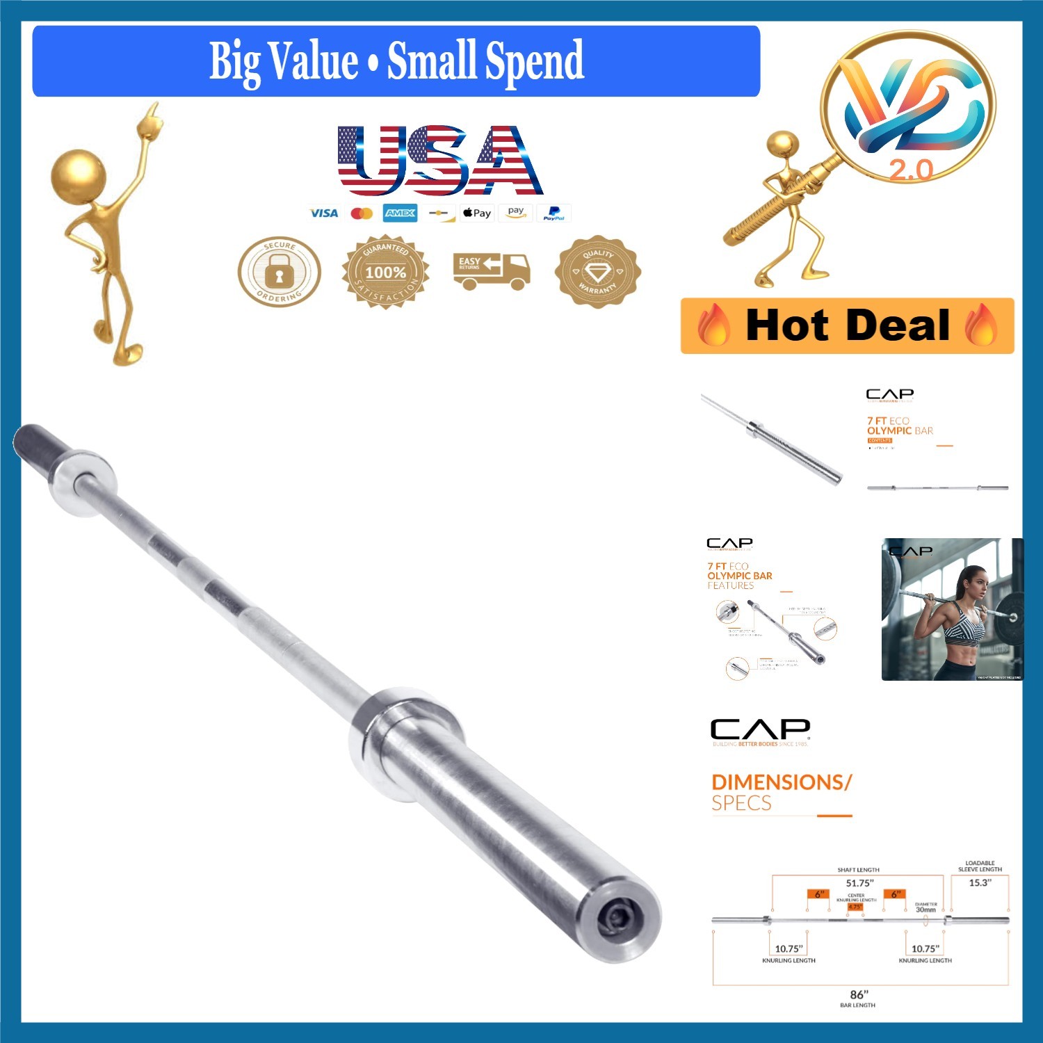 CAP 7ft Olympic Barbell 2 Inch Chrome Steel Powerlifting Gym