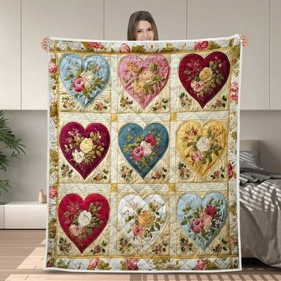 Valentine Heart Quilt Blanket, Romantic Floral Quilt, Love Gift for Couples Her