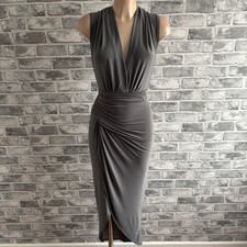 046 Grey Plunge Ruched BodyCon Figure Hugging Evening Party Dress Size 12