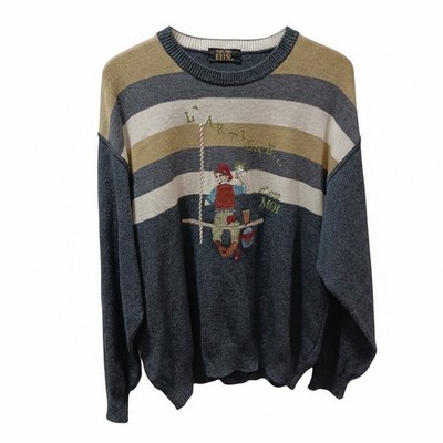 Von Ehr Mens L'Artiste C'est Moi Graphic Knit Sweater Gray Striped XL