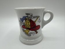 Vintage Fireman Shaving Mug Firefighter Helmet Axe Trumpet Milk Glass