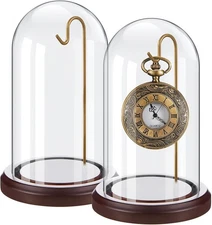 2 Pcs Pocket Watch Glass Display with Hooks Dome Cloche with Wood Base Christmas