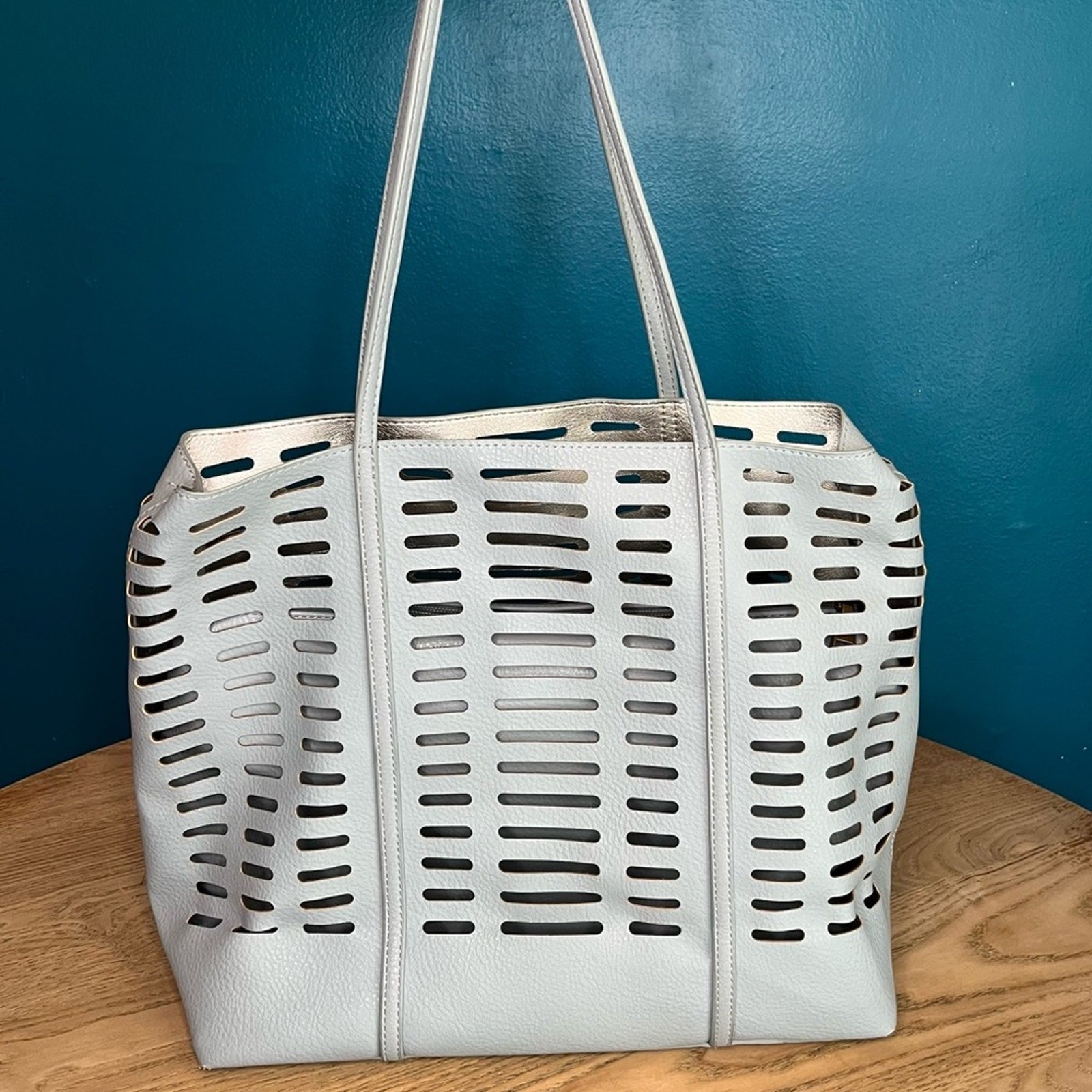 Anthropologie Rafaella Large Light Blue Faux Leather Tote Bag