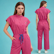 Wide-Leg Scrub Jumpsuit Zipper Collar Comfortable Fit Medical Scrubs Women