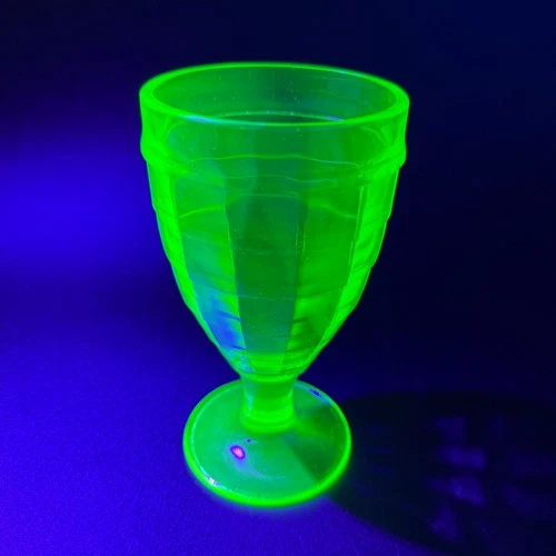 Vtg Block Optic Uranium Green Depression Glass Goblet 5.5" Tall