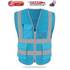 High Visibility Mesh Safety Reflective Vest with Pockets and Zipper, Meets AN...