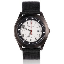 Military Tactical Wristwatch Men Black Nylon Strap Date 24H Luminous Sport 45mm
