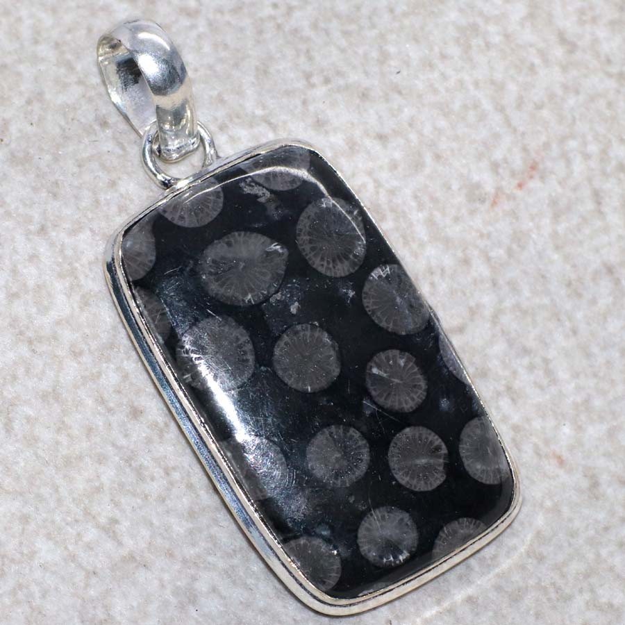 925 Silver Plated Black Fossil Coral Pendant 2" Under 10 Dollar Gift Trendy GW