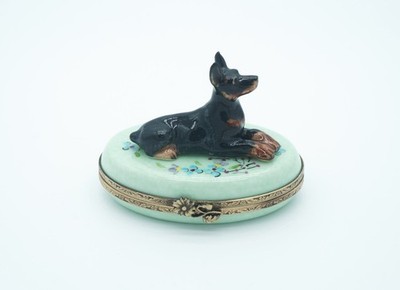 New French Limoges Trinket Box Doberman Pinscher Dog Puppy on Floral Box