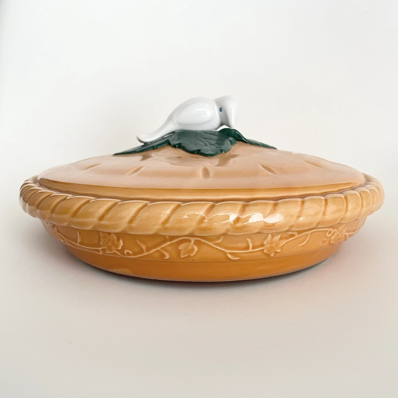 Vintage Ceramic Covered Pie Keeper Plate Dish with Lid Bird 10-1/2" Whimsical