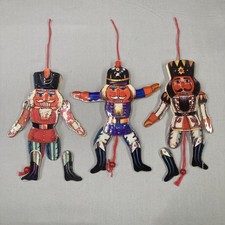 Set of 3 Vtg Jumping Jack Nutcracker Dancing Wood Pull String Ornament 7” Xmas