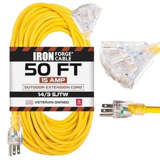 50ft Yellow Outdoor Extension Cord with 3 Outlets - 14/3 SJTW 15 Amp Lighted End