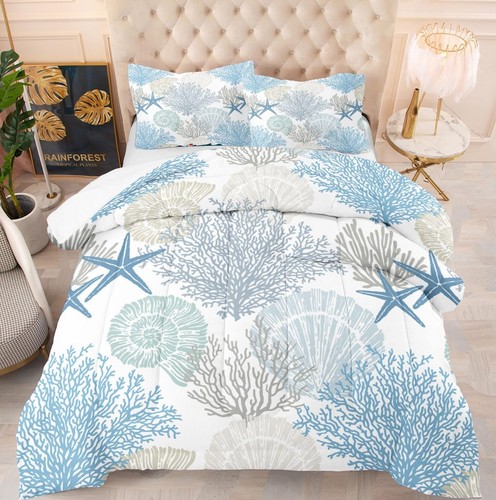 Summer Coastal Comforter Set Beach Blue Shells Printed Pattern Quilt ...