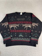Woolrich Sweater Mens Medium Gray 100 Wool Fair Isle Deer Knit Pullover