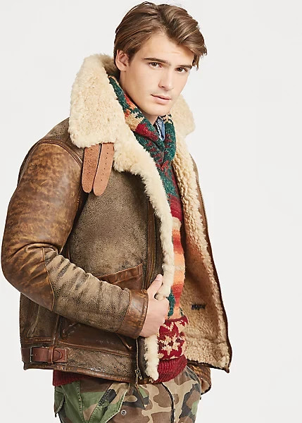 Polo Ralph Lauren Distressed Shearling Leather Bomber Jacket Coat RRL Style-S image 2
