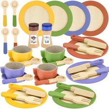 Wooden Play Dishes and Plates for Kitchen Set for Toddlers 1-3 Cooking Toys T...