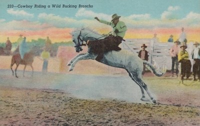 Cowboy Riding a Wild Bucking Broncho - Linen - Unused/Unposted