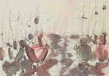 Marine Borda Ink Wash Signed Borda 20th Century