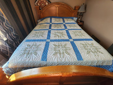 Vintage Handmade Cross Stitch quilt 75" X 93" Blue Green new never used