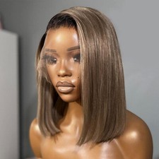 Bob Ash Blonde Human Hair Wig Short Straight Blonde Lace Front Wig Glueless Soft