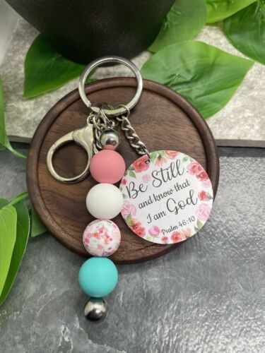 4" Silver-Tone Silicone Beaded Charm Scripture Keychain New Free Ship A4044 - Afbeelding 1 van 2