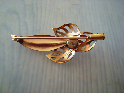 Broche Feuille Ancienne Vintage Art Déco - Plaqué Or Avec Poinçon - Occasion