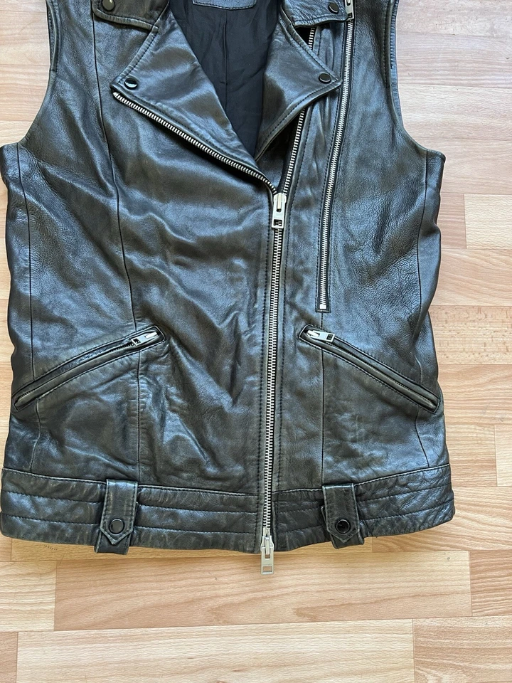 RARO ALLSAINTS EDICIÓN MOTERA CUERO NEGRO MUJER CREMALLERA CHALECO CHAQUETA UK 8 US 4 EU 36 Foto 3 de 4