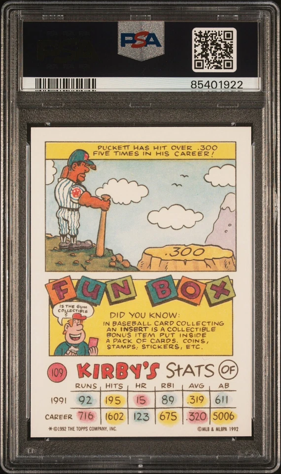 KIRBY PUCKETT PSA 10 1992 Topps Kids #109 - Image 2 of 2