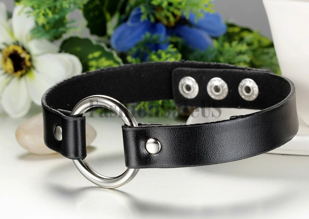 Men Women Punk Gothic O Ring Leather Black Collar Choker Necklace