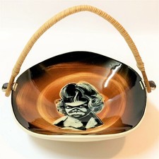 Diana Pottery MCM - Indigenous Child - Ceramic Basket w Wicker Handle 19cmL EUC