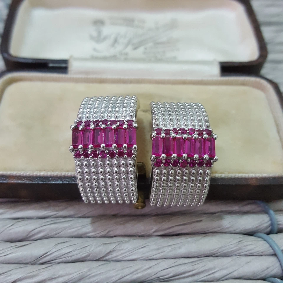 925 Sterling Silver Hoop Earrings, Genuine Ruby Hoop Earrings, Half Hoops - Image 2 of 4