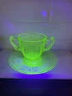 Vintage Uranium Depression Glass Sugar Bowl And Plate Lovebirds Design Glows