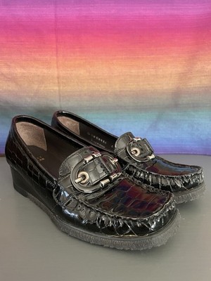 Stuart Weitzman Black Patent Croc Embossed Wedge Loafers Buckle 6 M Vintage