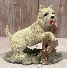 Westie West Highland Terrier Figure Leaning on Fence Looking Around Flowers Cute