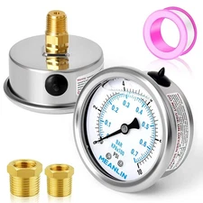 MEANLIN MEASURE 0~10Psi Stainless Steel 1/4" NPT 2.5" FACE DIAL Liquid Filled Pr