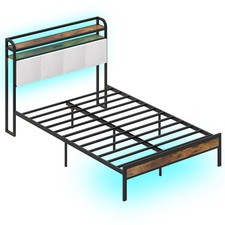 Full Size Bed Frame w/LED Light  Charging Station Heavy Duty Metal Platform Bed