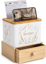 Recipe Box Set with Wooden Drawer, Phone Stand, White