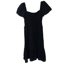 GAP Black Plaid Smocked Square Neck Puff Sleeve Tiered Midi Dress Women's Medium