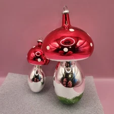 Vintage Set Of 2 De Carlini Blown Glass Handpainted Mushroom Christmas Ornaments