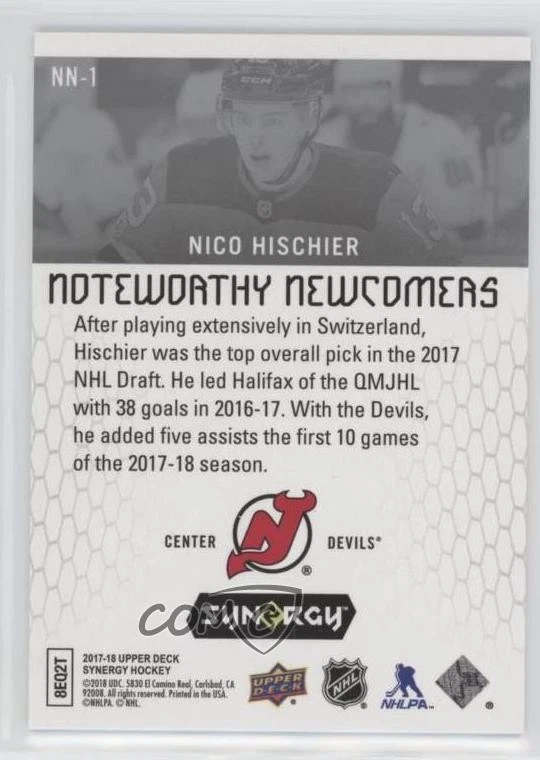 2017-18 Upper Deck Synergy Noteworthy Newcomers Nico Hischier #NN-1 Rookie RC - Image 2 of 2