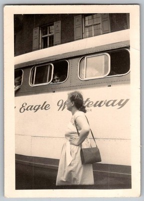 Vtg B&W Snapshot Woman & Girl Eagle Whiteway Bus Leaving For Camp 1949