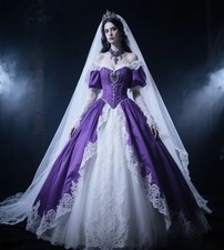 Princess Purple And White Wedding Dress Puff Sleeve Renaissance Victorian Gothic