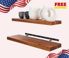 Set of 2 24" Acacia Wood Floating Shelves, Rustic Farmhouse Wall-Mounted Storage