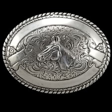 Crumrine Oval Silver Tone Horse Western Cowboy Belt Buckle Ornate Scrollwork