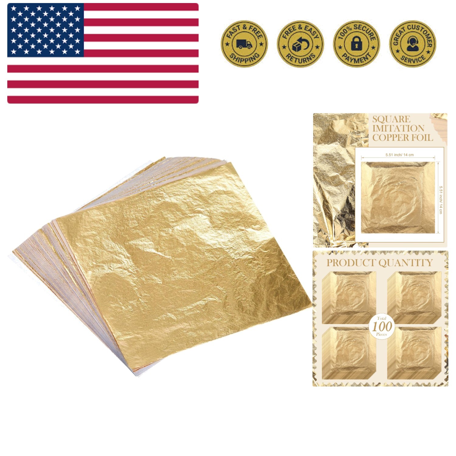Versatile 100 Pcs Gold Leaf Sheets - 5.5" for Painting & Furniture Crafting