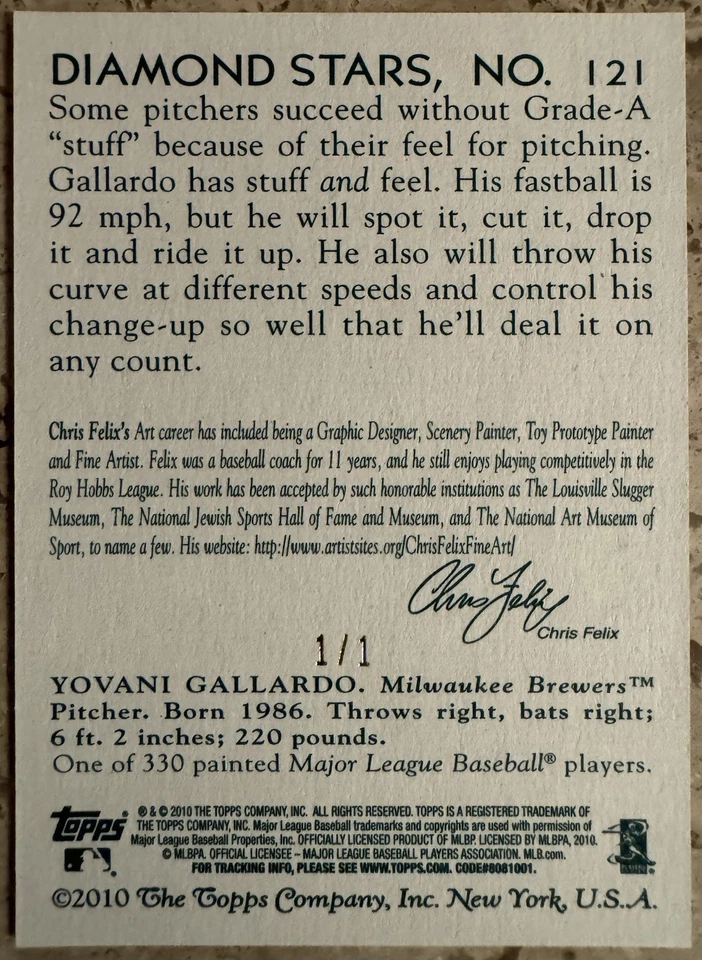 Yovani Gallardo 1/1 2010 Topps National Chicle Cowhide Diamond Stars One Of One - Image 2 of 2