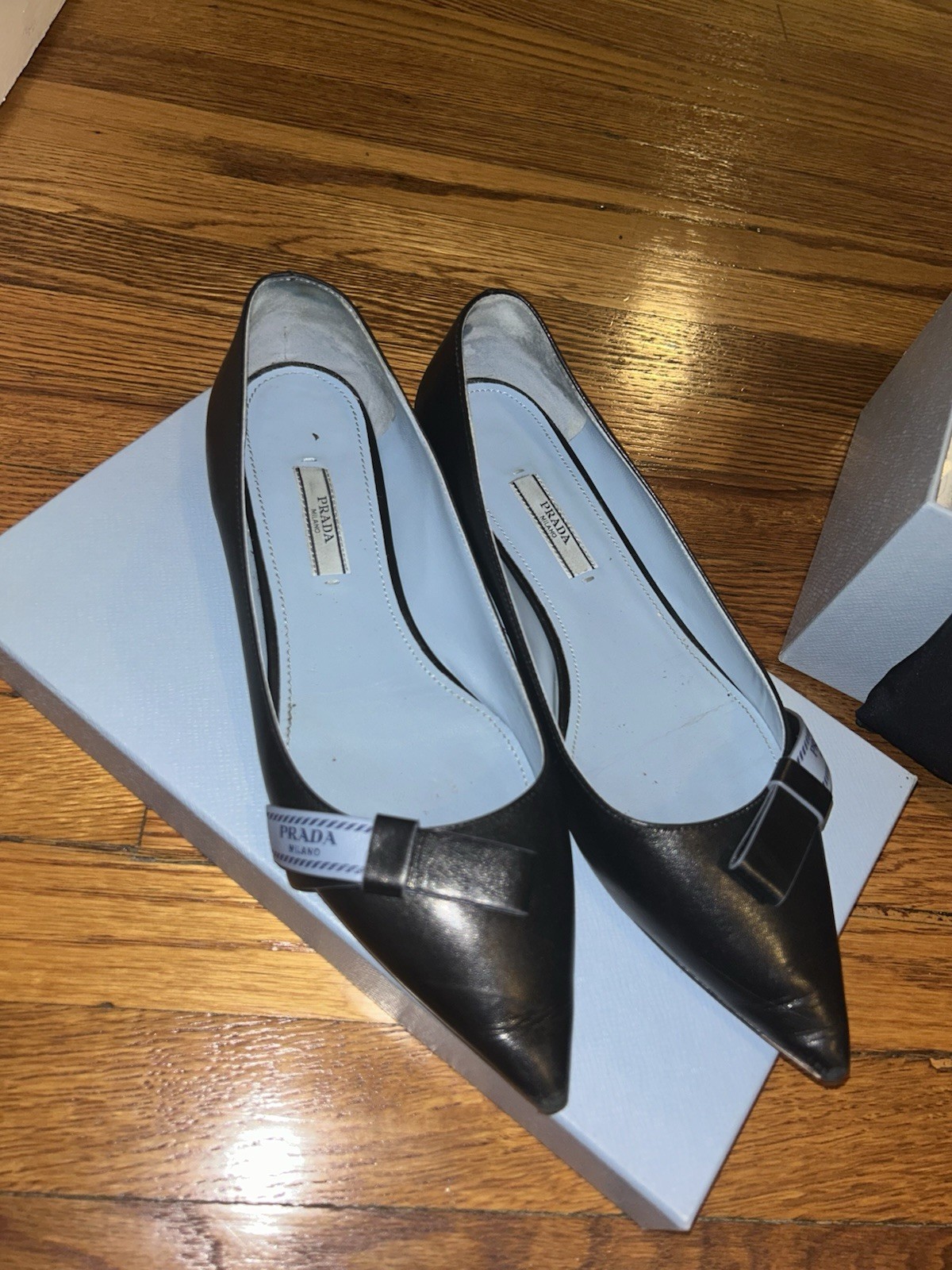 PRADA Women's Black Semi Pointed Toe Leather Flats with Blue Bow Accent - EU 38 thumbnail 7