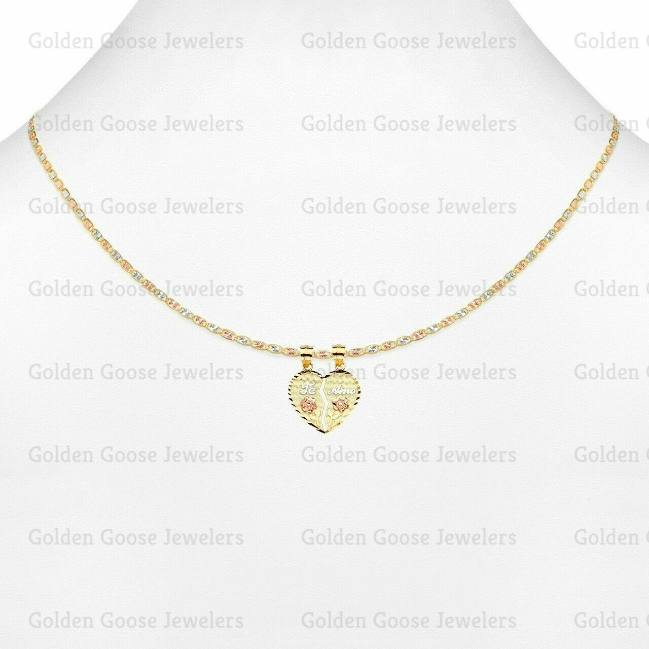 Ciondolo Charm Cuore Spezzato Te Amo Oro Tricolore Vero 14KT Catena Valentino